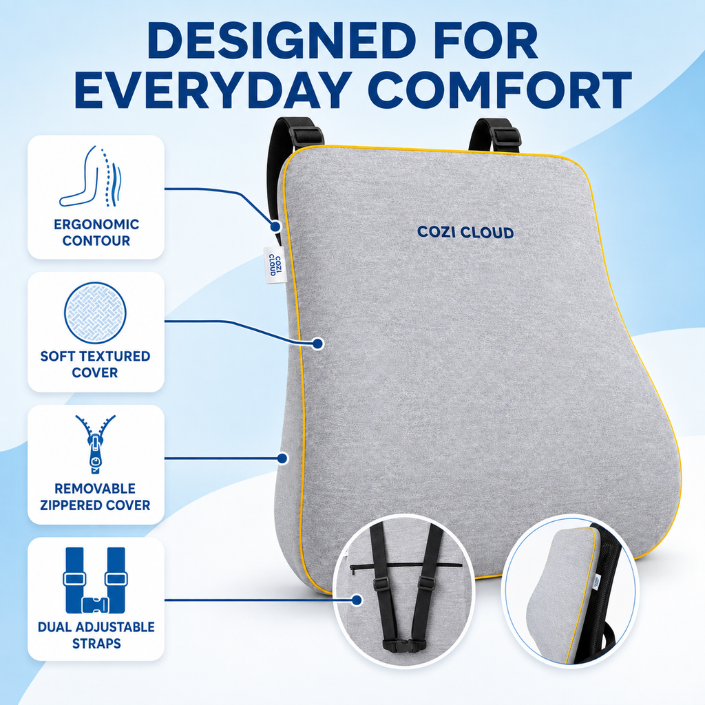 Cozi Cloud CloudNest B1 Thin Memory Foam Backrest Pillow for Car & Chair – Dual Adjustable Straps