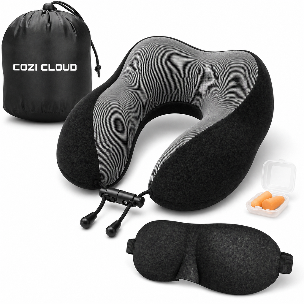 Cozi Cloud Travel Neck Pillow with Eye Mask |  Complete 4 in 1 Travel Pack