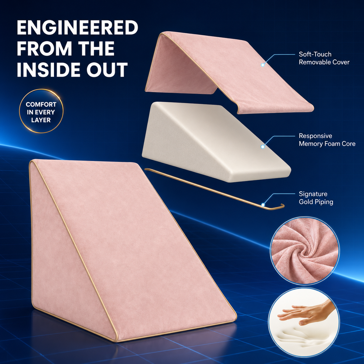 Side profile of blush pink triangular wedge pillow with gold piping