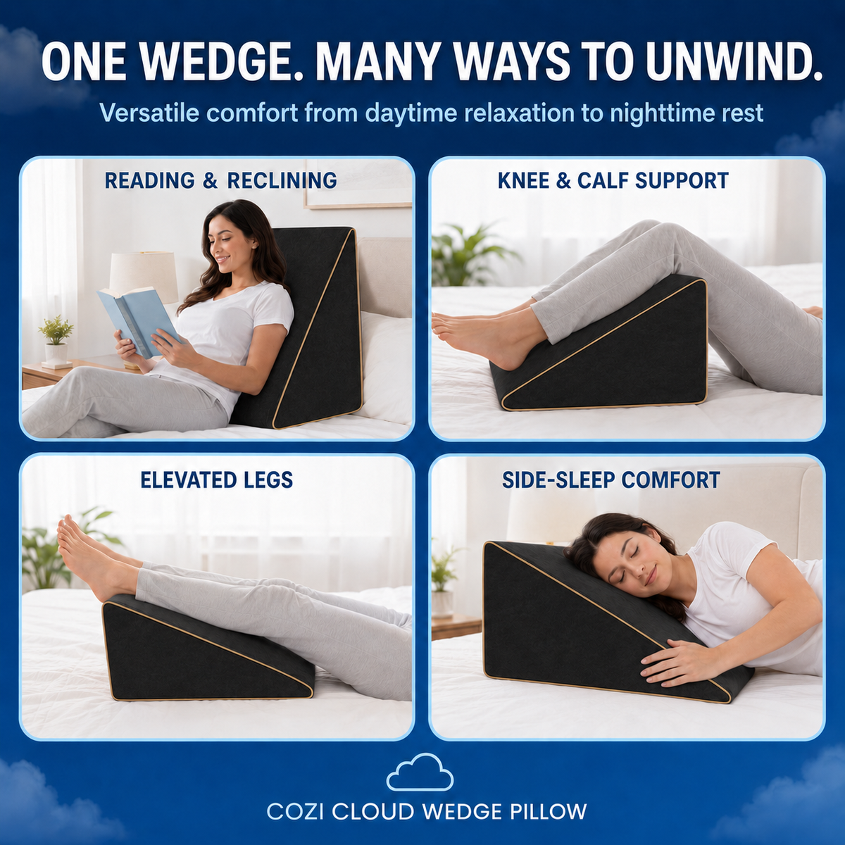 Black wedge pillow placed beneath the legs for comfortable elevation