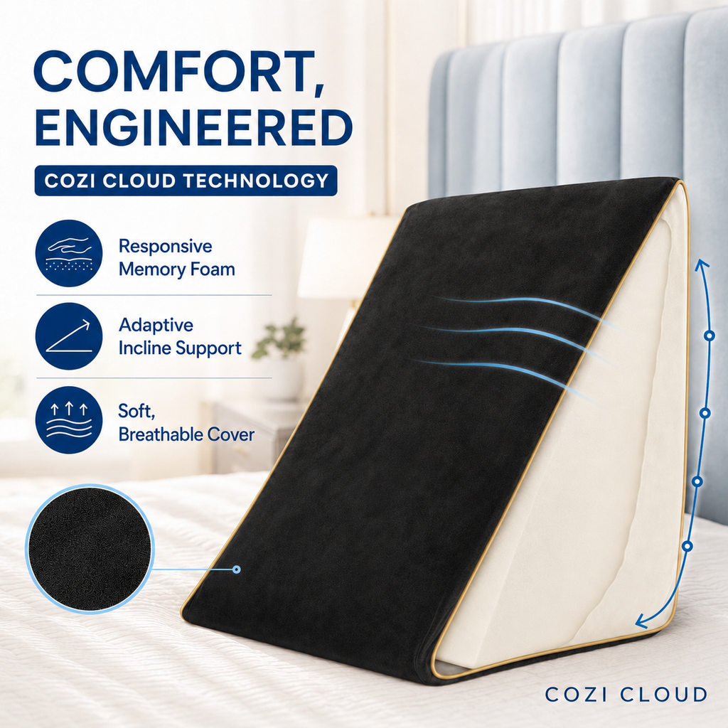 Black wedge pillow supporting the back while reading comfortably in bed