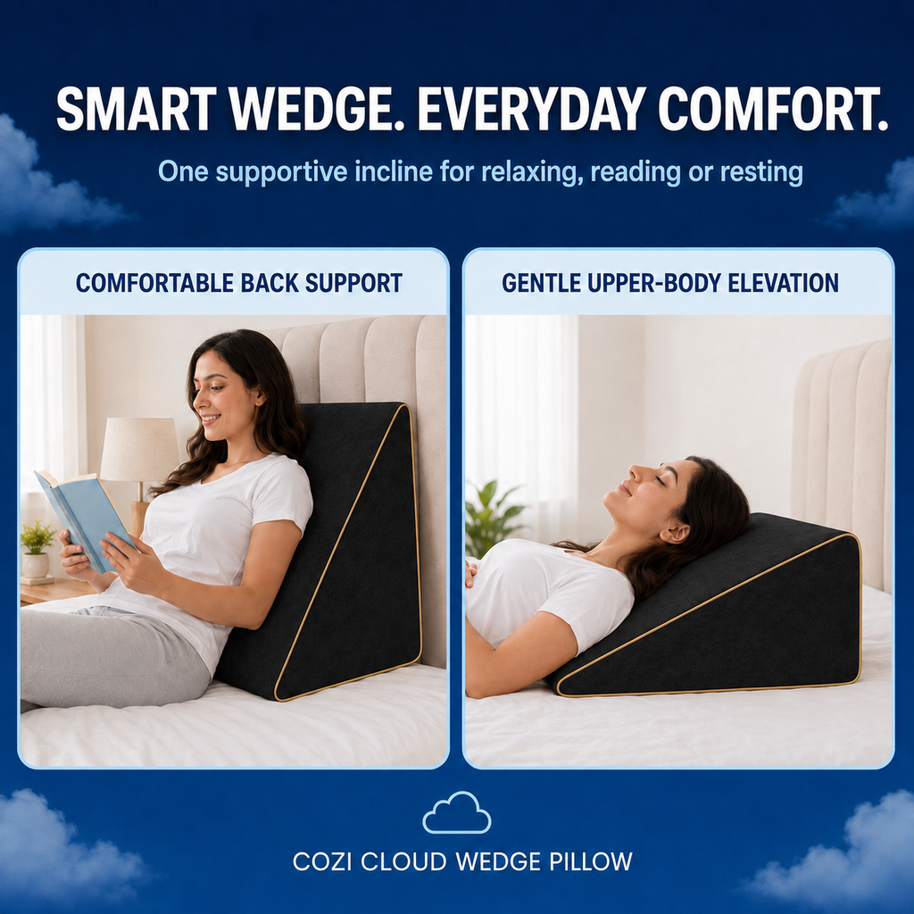 Black memory foam wedge pillow positioned for reclining and relaxing