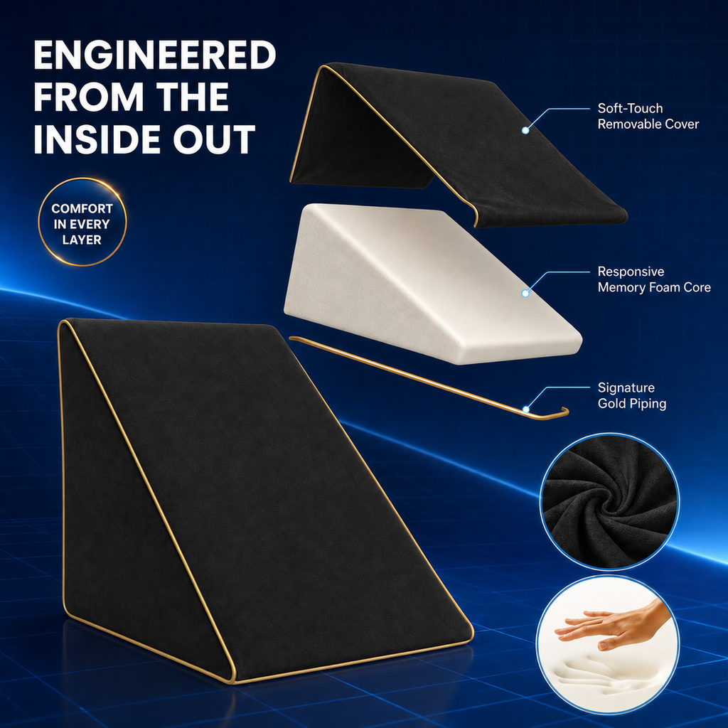 Side profile of black triangular wedge pillow with an inclined surface