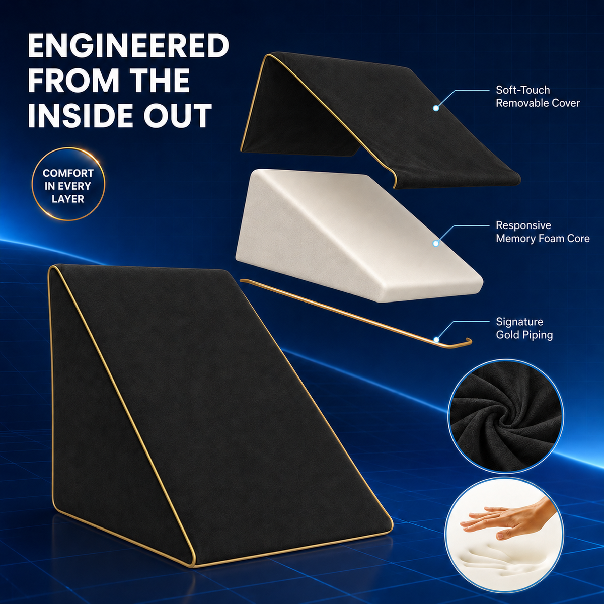 Side profile of black triangular wedge pillow with an inclined surface