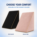 Side profile of blush pink triangular wedge pillow with gold piping