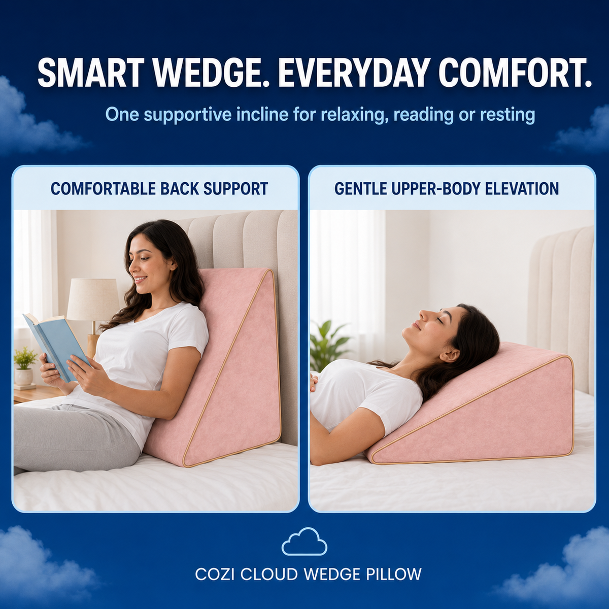 Blush pink wedge pillow supporting a comfortable laptop position in bed