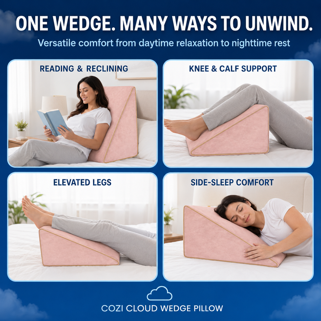 Blush pink wedge pillow positioned beneath the legs and knees