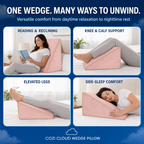 Blush pink wedge pillow positioned beneath the legs and knees