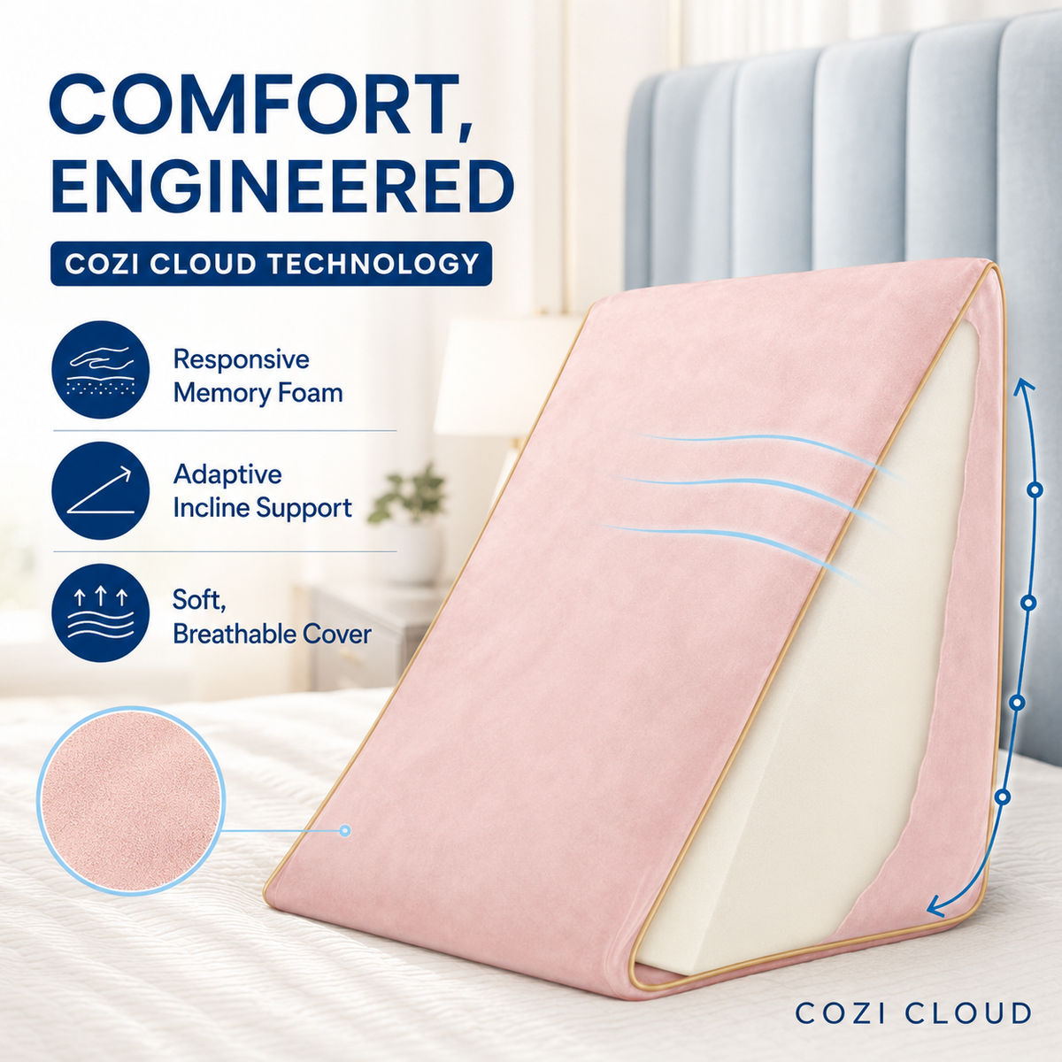 Blush pink wedge pillow providing comfortable back support while reading