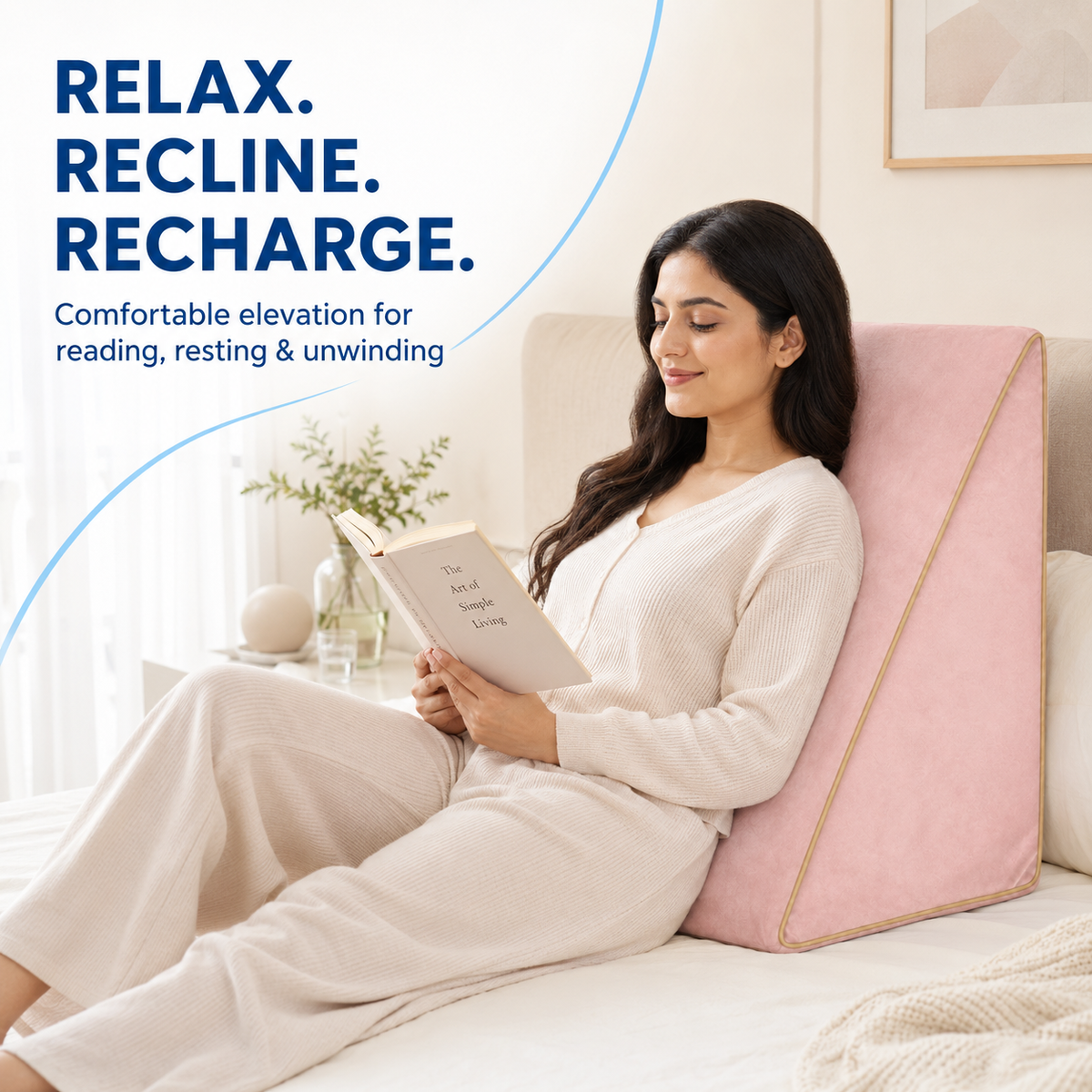 Multipurpose pink wedge pillow for reclining, back support and leg elevation